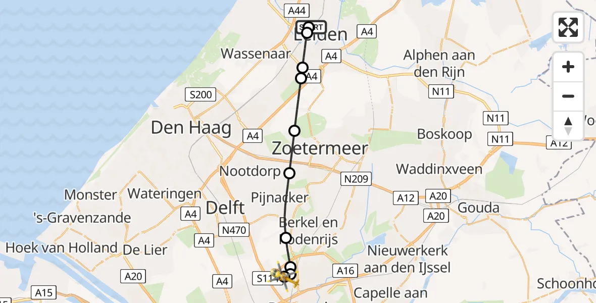 Vluchtroute Traumahelikopter Leids Universitair Medisch Centrum (LUMC) - Rotterdam The Hague Airport, 27 augustus 2026, 18:27