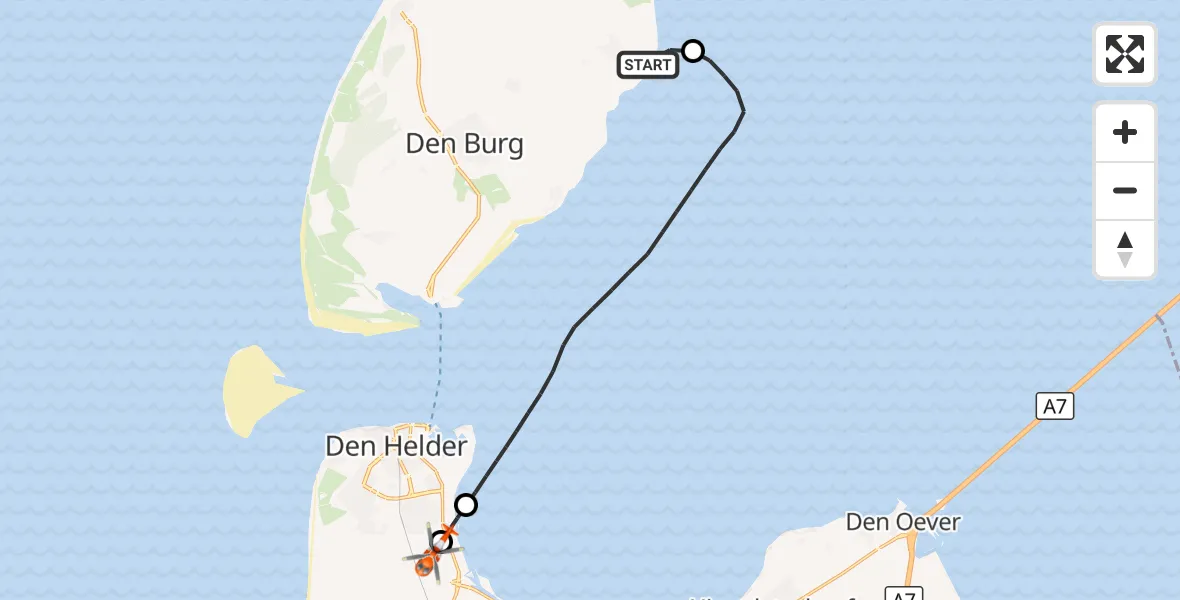 Vluchtroute Kustwachthelikopter Oosterend - Militair vliegveld De Kooy / Den Helder Airport, 27 augustus 2026, 20:21