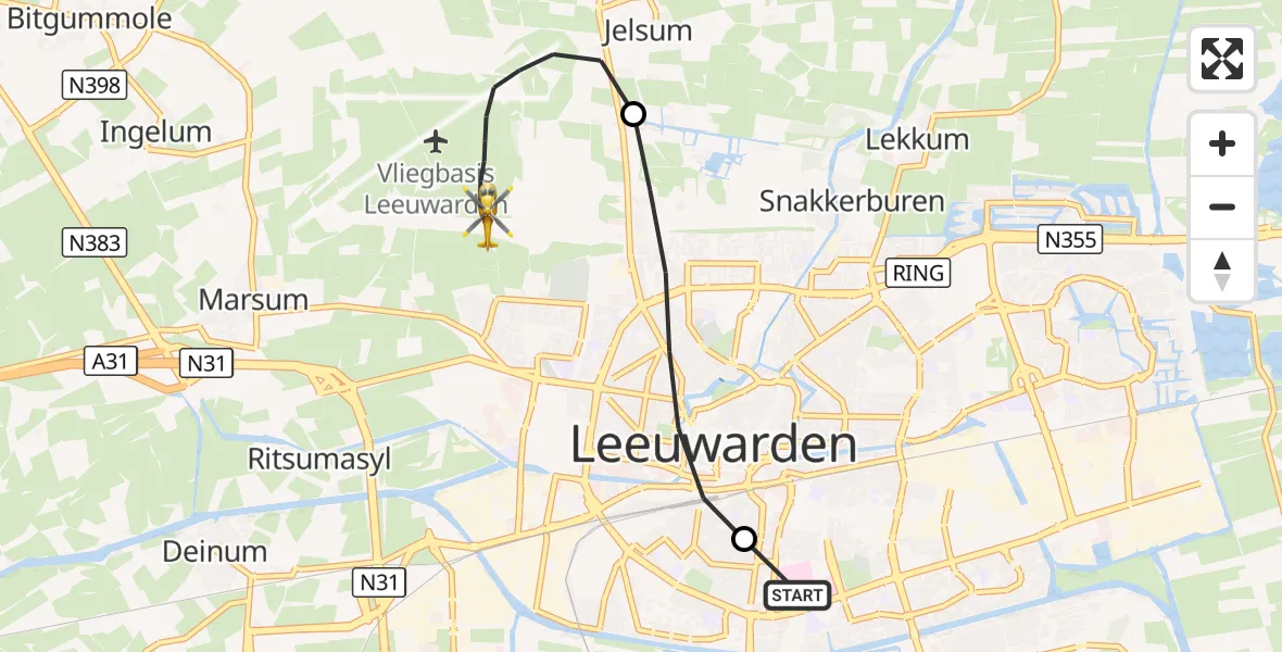 Vluchtroute Ambulancehelikopter Leeuwarden Medical Center Heliport - Vliegbasis Leeuwarden, 27 augustus 2026, 21:02