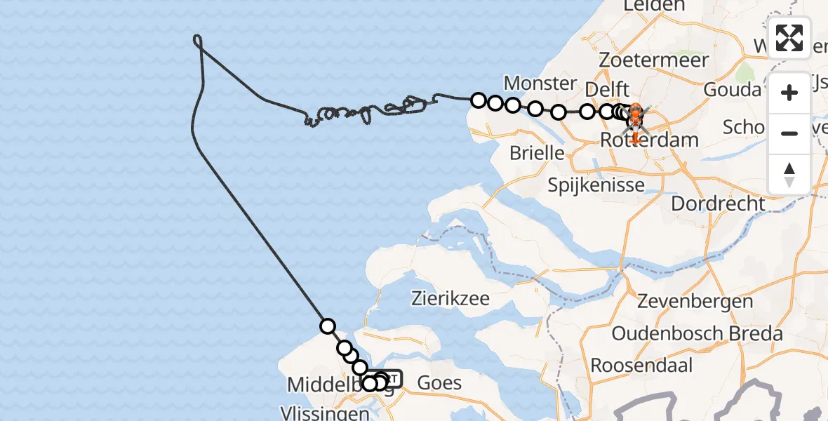Vluchtroute Kustwachthelikopter Vliegveld Midden-Zeeland - Rotterdam The Hague Airport, 28 augustus 2026, 03:40