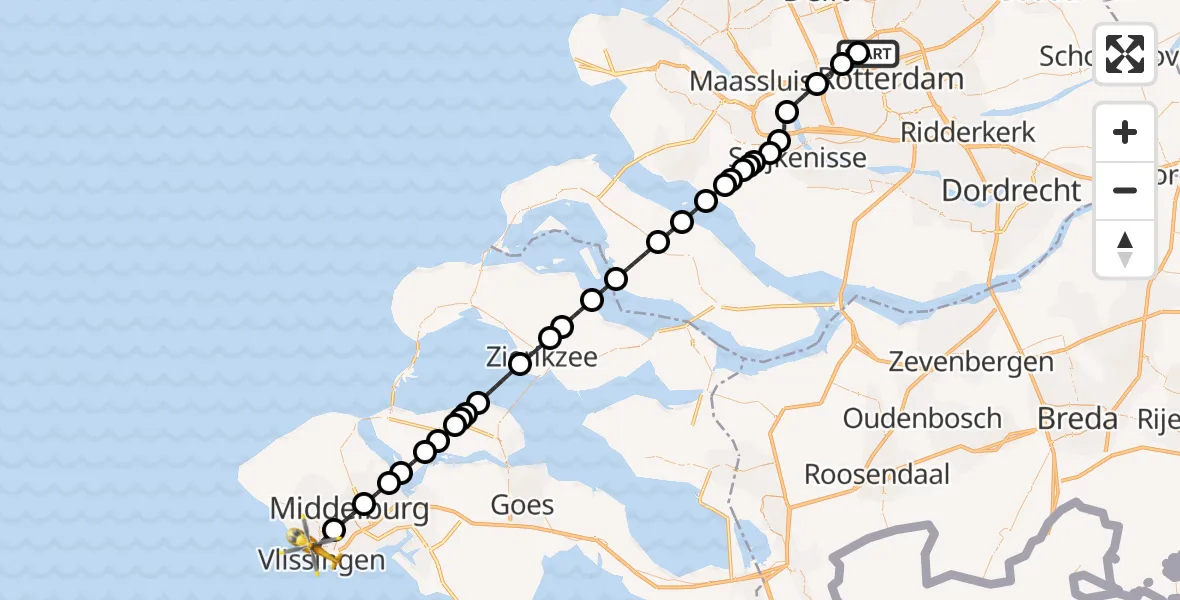 Vluchtroute Traumahelikopter Rotterdam The Hague Airport - Vlissingen, 28 augustus 2026, 04:21