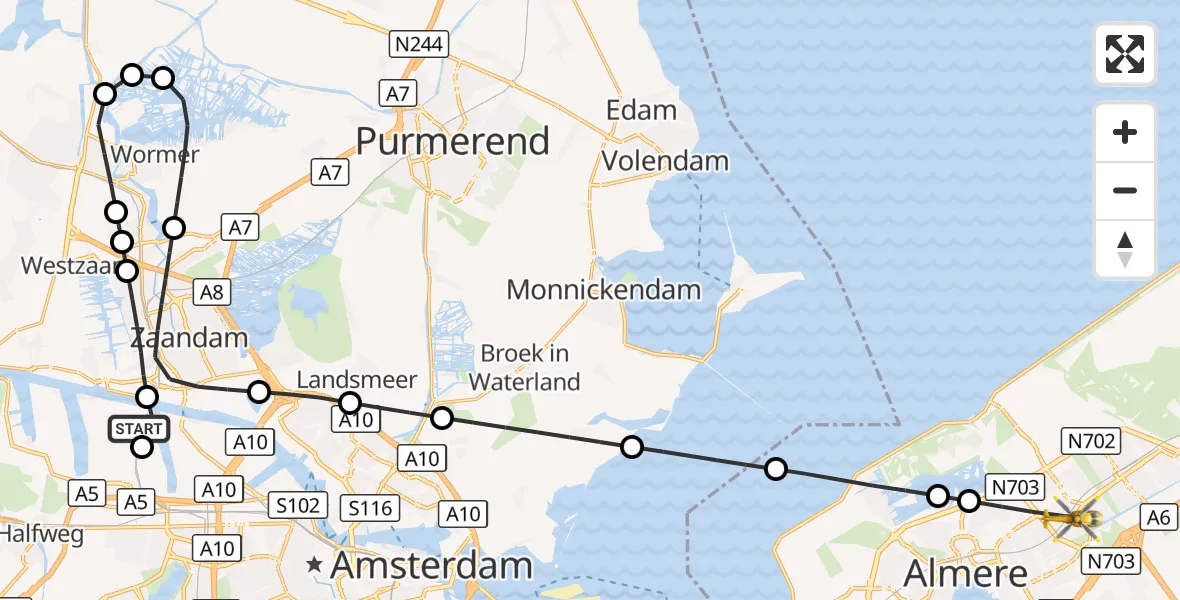 Vluchtroute Traumahelikopter Amsterdam Heliport - Almere, 28 augustus 2026, 04:59