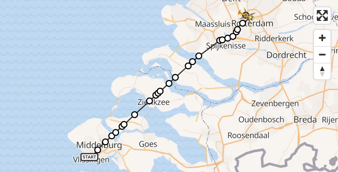 Vluchtroute Traumahelikopter Vlissingen - Rotterdam The Hague Airport, 28 augustus 2026, 05:04