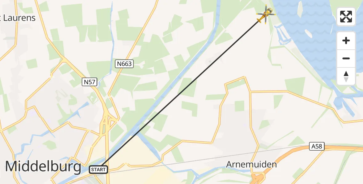 Vluchtroute Traumahelikopter Middelburg - Arnemuiden, 28 augustus 2026, 05:50