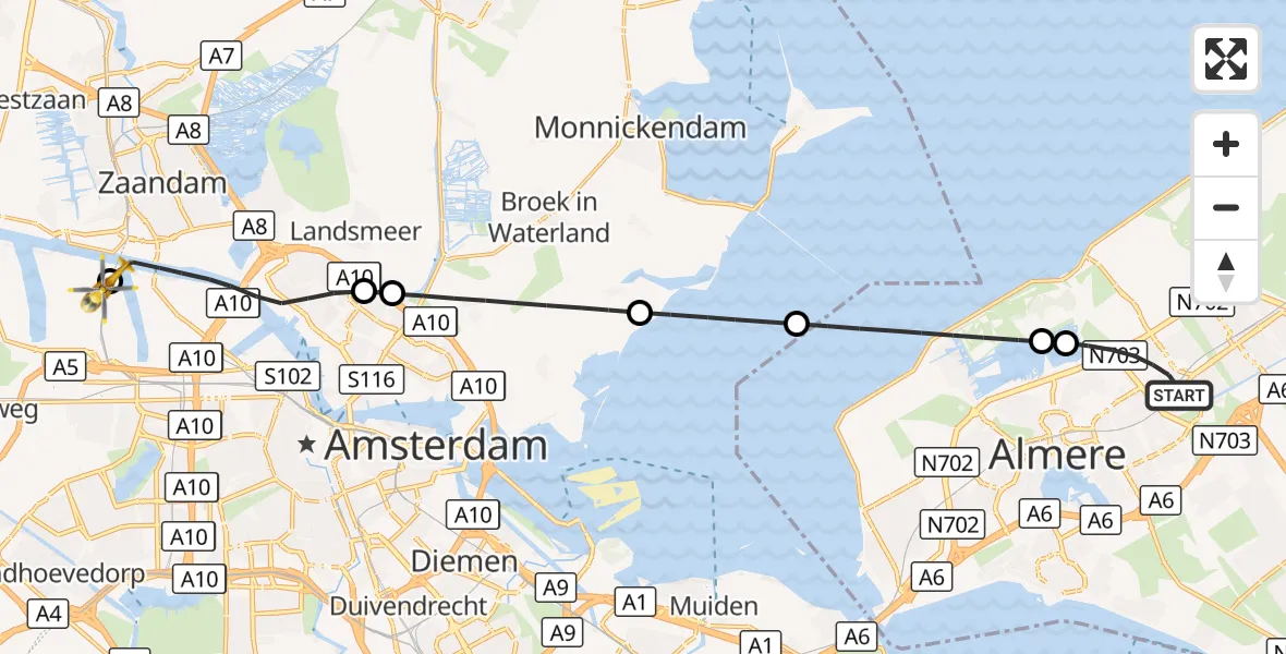 Vluchtroute Traumahelikopter Almere - Amsterdam Heliport, 28 augustus 2026, 06:00