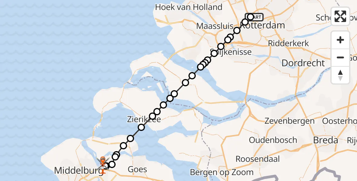 Vluchtroute Kustwachthelikopter Rotterdam The Hague Airport - Vliegveld Midden-Zeeland, 28 augustus 2026, 06:25