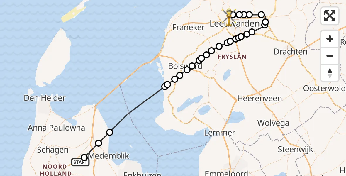 Vluchtroute Ambulancehelikopter Aartswoud - Vliegbasis Leeuwarden, 28 augustus 2026, 08:42