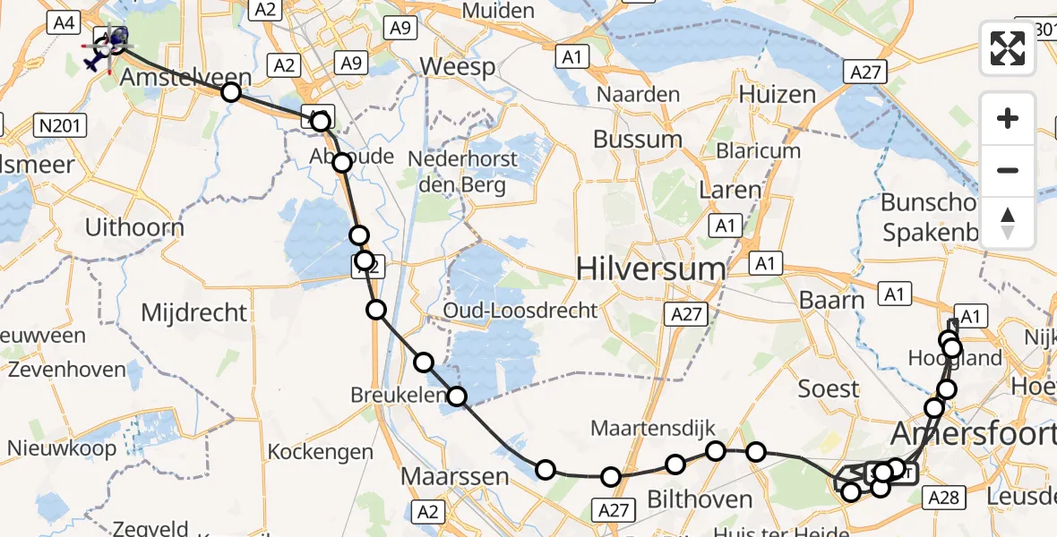 Vluchtroute Politiehelikopter Amersfoort - Amsterdam Vliegveld Schiphol, 28 augustus 2026, 09:58