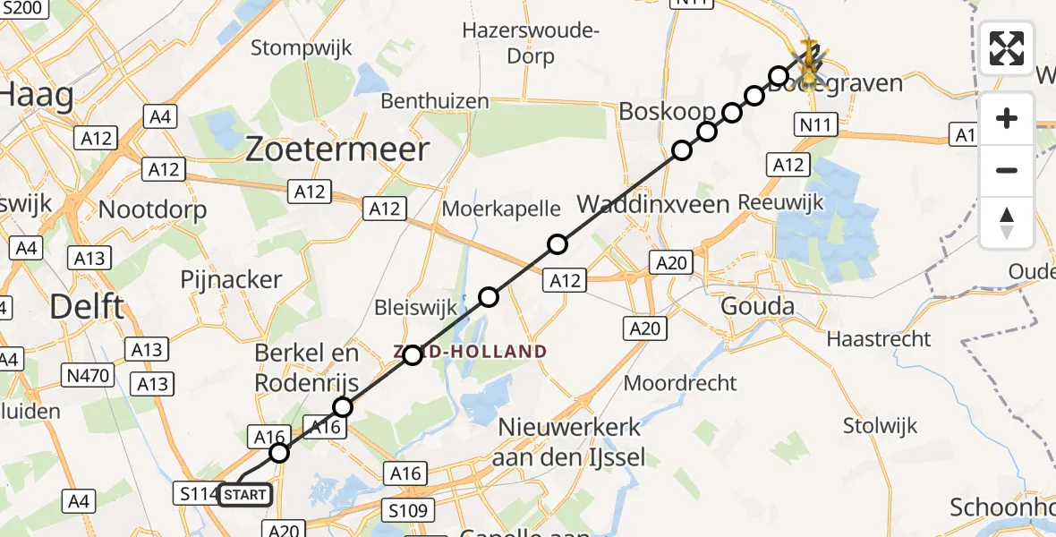 Vluchtroute Traumahelikopter Rotterdam The Hague Airport - Bodegraven, 28 augustus 2026, 09:59
