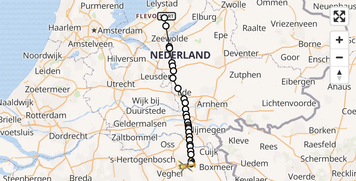 Vluchtroute Traumahelikopter Lelystad Airport - Vliegbasis Volkel, 28 augustus 2026, 10:15