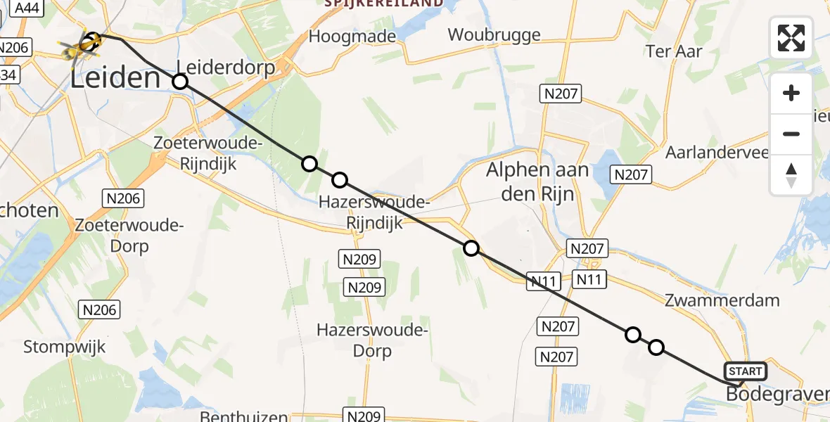 Vluchtroute Traumahelikopter Bodegraven - Leids Universitair Medisch Centrum (LUMC), 28 augustus 2026, 10:40