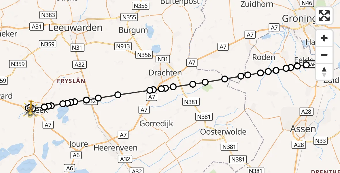 Vluchtroute Traumahelikopter Groningen Airport Eelde - Antonius Hospital Heliport, 28 augustus 2026, 11:04