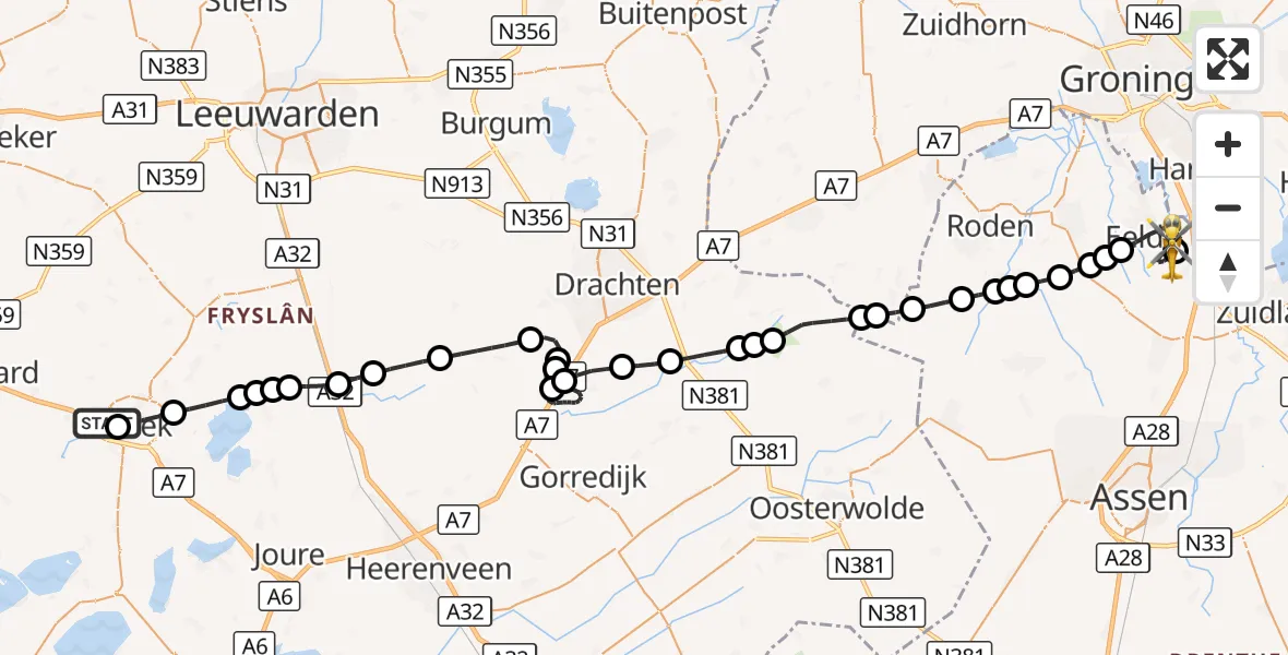 Vluchtroute Traumahelikopter Antonius Hospital Heliport - Groningen Airport Eelde, 28 augustus 2026, 11:53