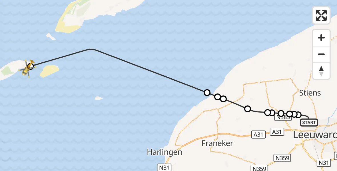 Vluchtroute Ambulancehelikopter Vliegbasis Leeuwarden - Vlieland Heliport, 28 augustus 2026, 13:02