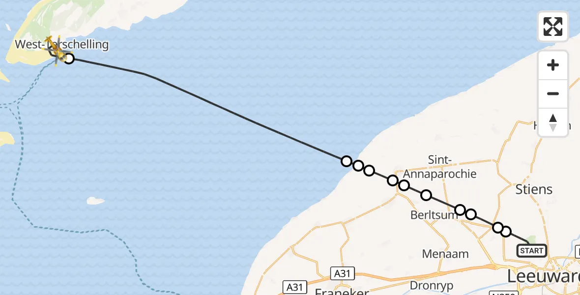 Vluchtroute Ambulancehelikopter Vliegbasis Leeuwarden - West-Terschelling, 28 augustus 2026, 17:15