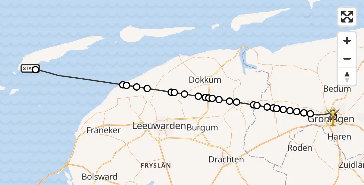 Vluchtroute Ambulancehelikopter West-Terschelling - Universitair Medisch Centrum Groningen, 28 augustus 2026, 17:46