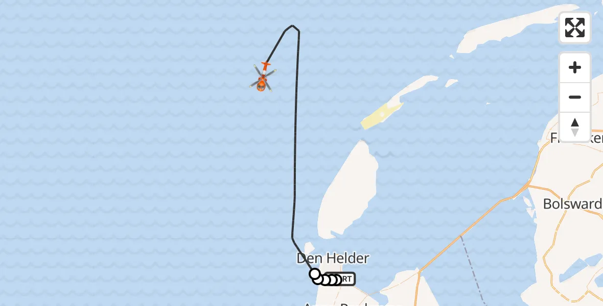 Vluchtroute Kustwachthelikopter Militair vliegveld De Kooy / Den Helder Airport - Noordzee, 28 augustus 2026, 18:29