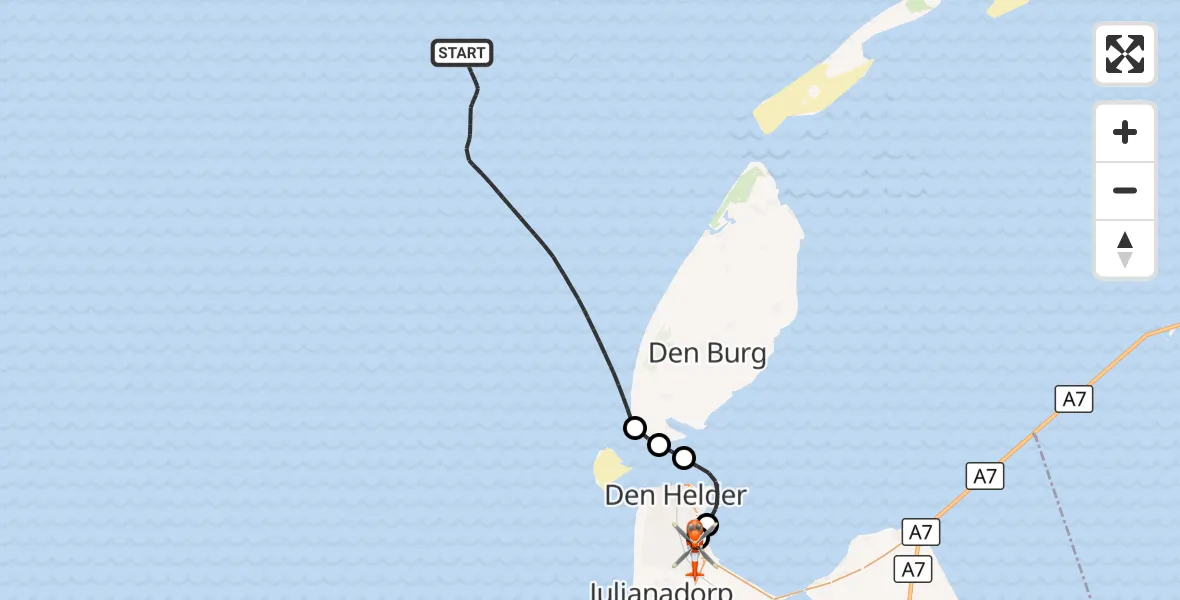Vluchtroute Kustwachthelikopter Noordzee - Militair vliegveld De Kooy / Den Helder Airport, 28 augustus 2026, 19:08