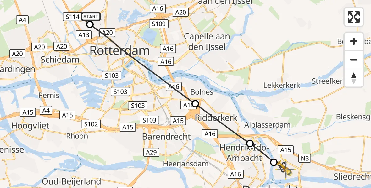 Vluchtroute Traumahelikopter Rotterdam The Hague Airport - Papendrecht, 28 augustus 2026, 19:12
