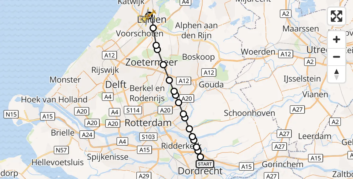 Vluchtroute Traumahelikopter Papendrecht - Leids Universitair Medisch Centrum (LUMC), 28 augustus 2026, 19:43