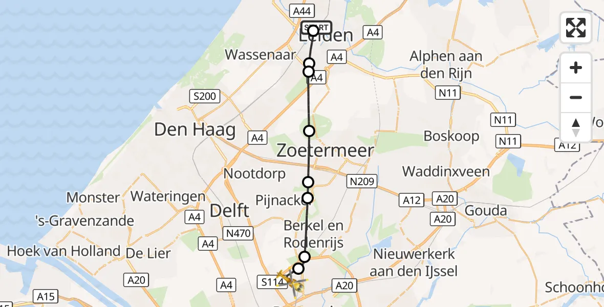 Vluchtroute Traumahelikopter Leids Universitair Medisch Centrum (LUMC) - Rotterdam The Hague Airport, 28 augustus 2026, 20:28