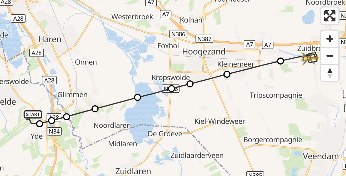 Vluchtroute Traumahelikopter Groningen Airport Eelde - Zuidbroek, 28 augustus 2026, 20:34
