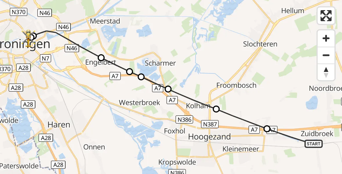 Vluchtroute Traumahelikopter Zuidbroek - Universitair Medisch Centrum Groningen, 28 augustus 2026, 21:20