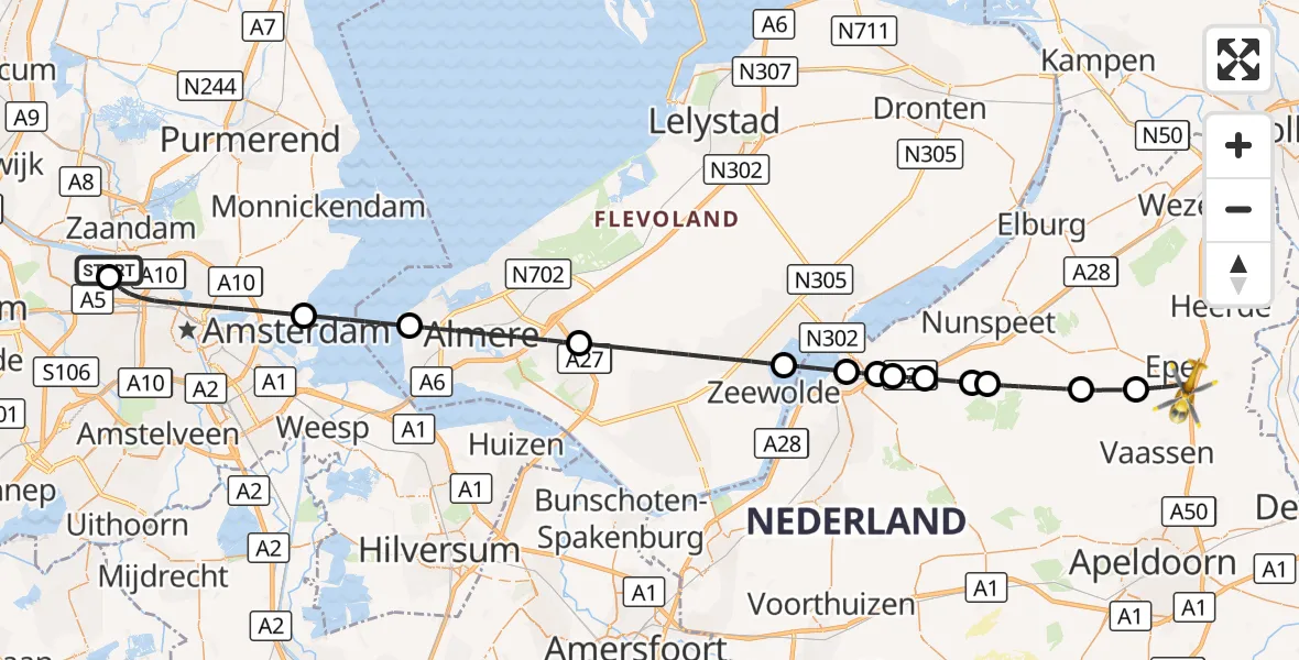 Vluchtroute Traumahelikopter Amsterdam Heliport - Epe, 28 augustus 2026, 23:29