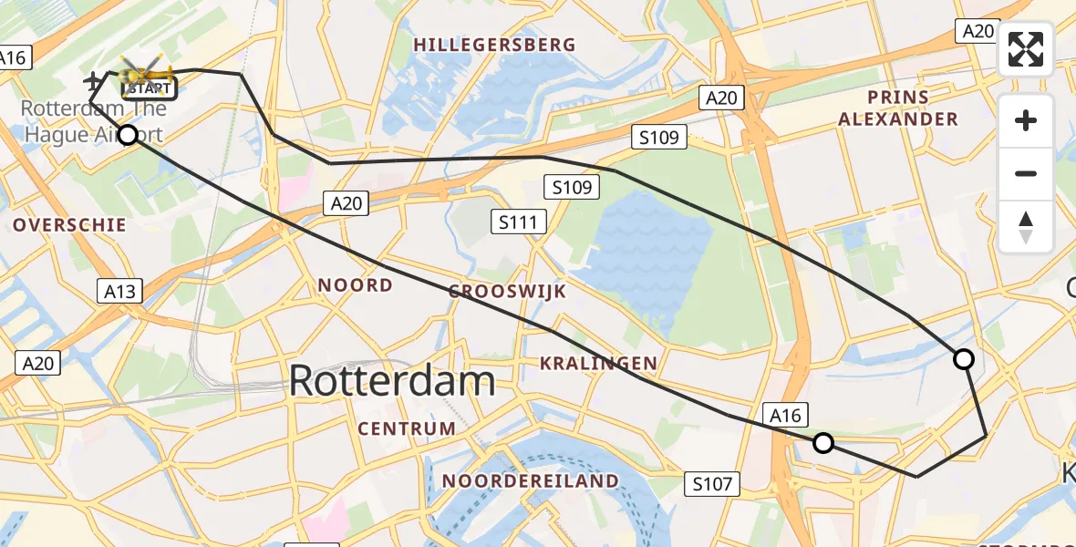 Vluchtroute Traumahelikopter Rotterdam The Hague Airport - Rotterdam, 28 augustus 2026, 23:42