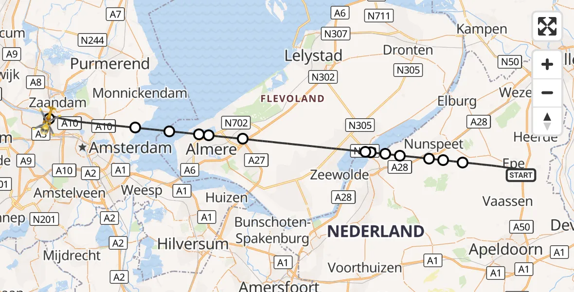 Vluchtroute Traumahelikopter Epe - Amsterdam Heliport, 29 augustus 2026, 00:10