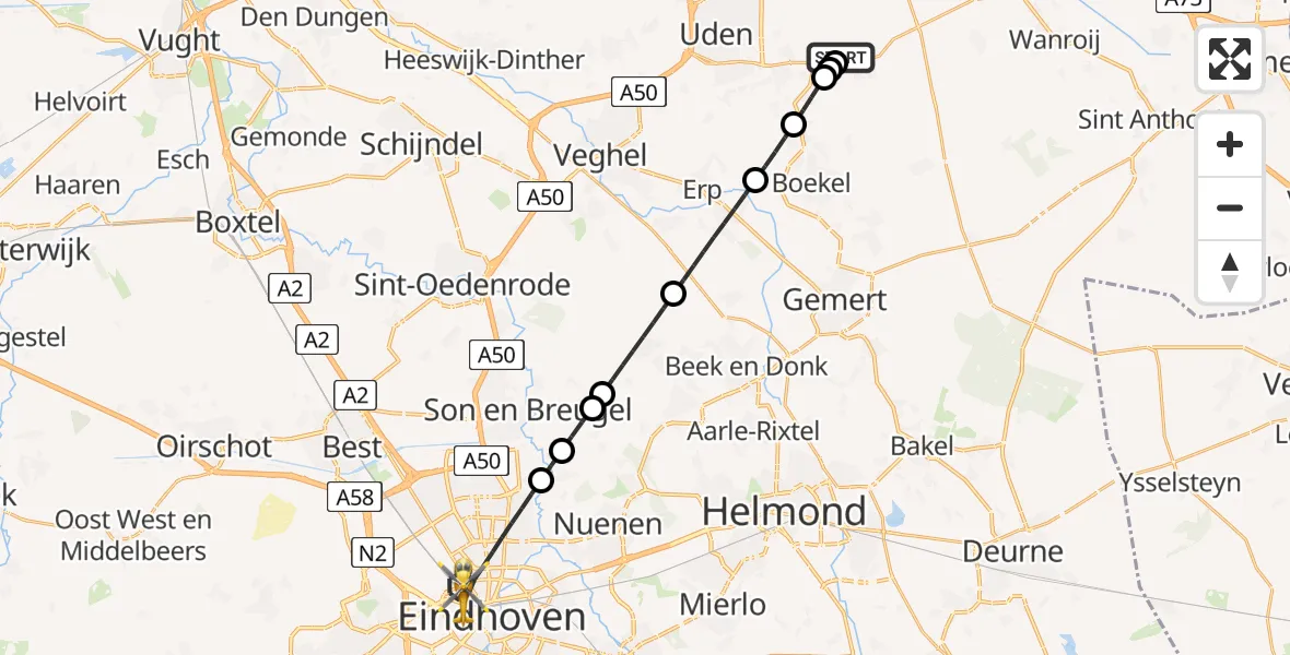 Vluchtroute Traumahelikopter Vliegbasis Volkel - Eindhoven, 29 augustus 2026, 00:25