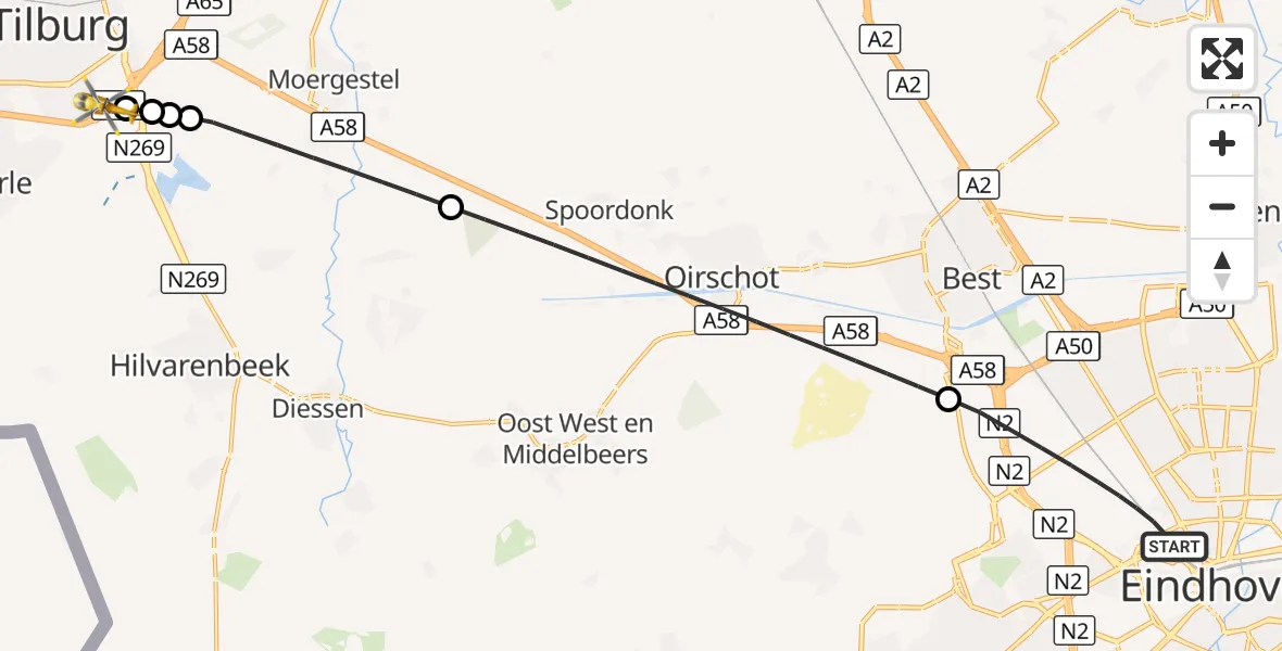 Vluchtroute Traumahelikopter Eindhoven - St. Elisabeth Hospital Heliport, 29 augustus 2026, 01:01