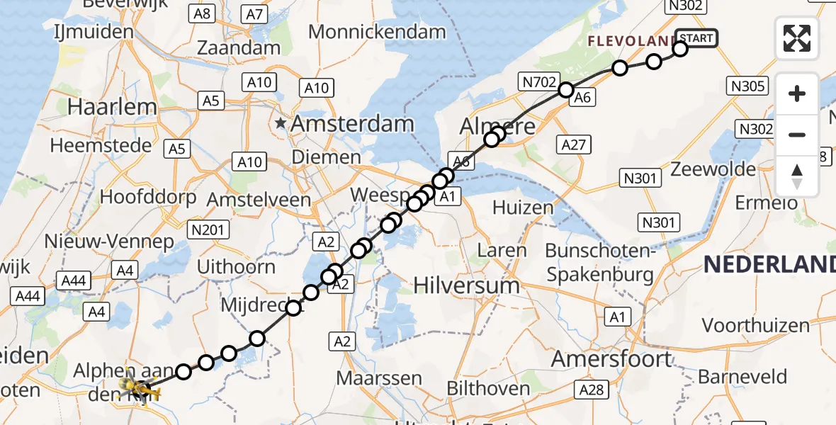 Vluchtroute Traumahelikopter Lelystad Airport - Alphen aan den Rijn, 29 augustus 2026, 06:16