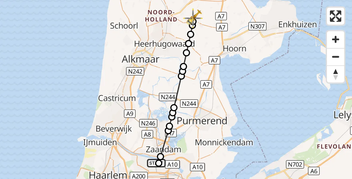 Vluchtroute Traumahelikopter Amsterdam Heliport - Hoogwoud, 29 augustus 2026, 07:36