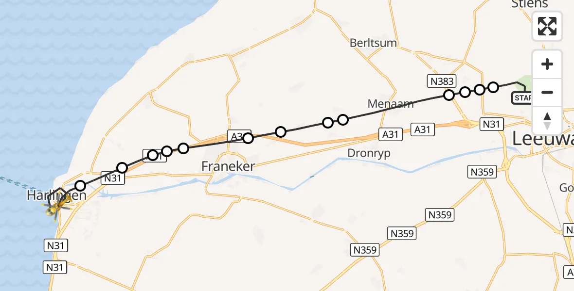 Vluchtroute Ambulancehelikopter Vliegbasis Leeuwarden - Harlingen, 29 augustus 2026, 08:56