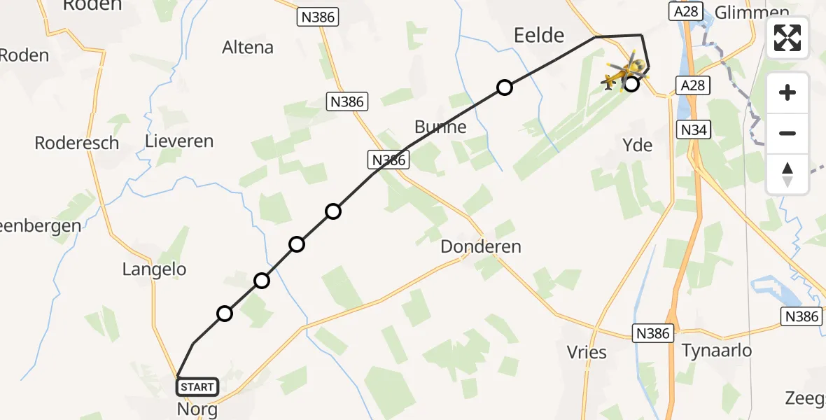Vluchtroute Traumahelikopter Norg - Groningen Airport Eelde, 29 augustus 2026, 09:07