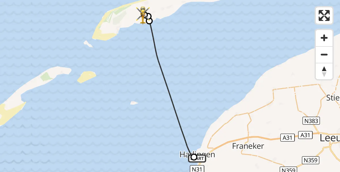 Vluchtroute Ambulancehelikopter Harlingen - Terschelling Heliport, 29 augustus 2026, 09:44