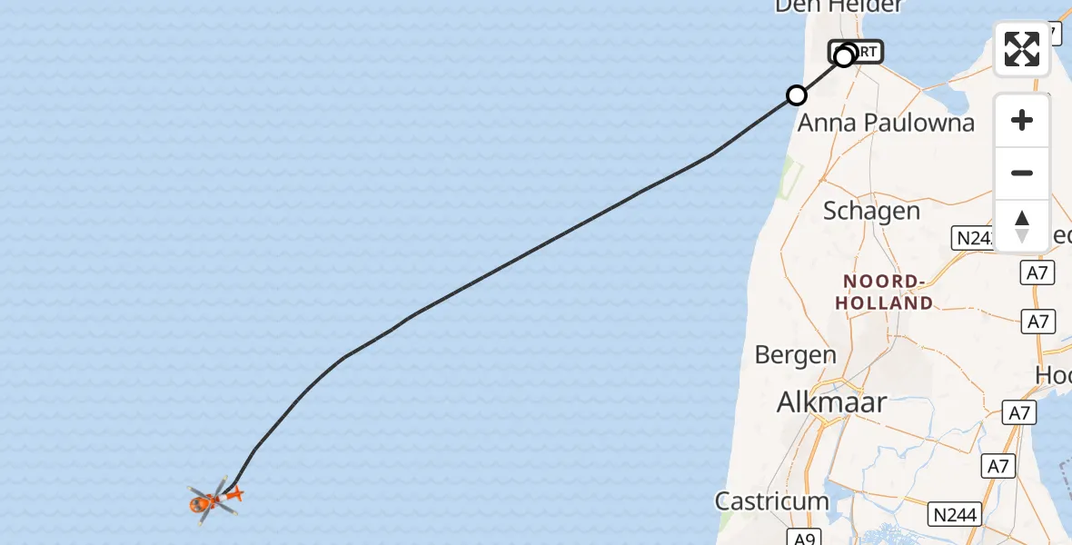 Vluchtroute Kustwachthelikopter Militair vliegveld De Kooy / Den Helder Airport - Noordzee, 29 augustus 2026, 10:44