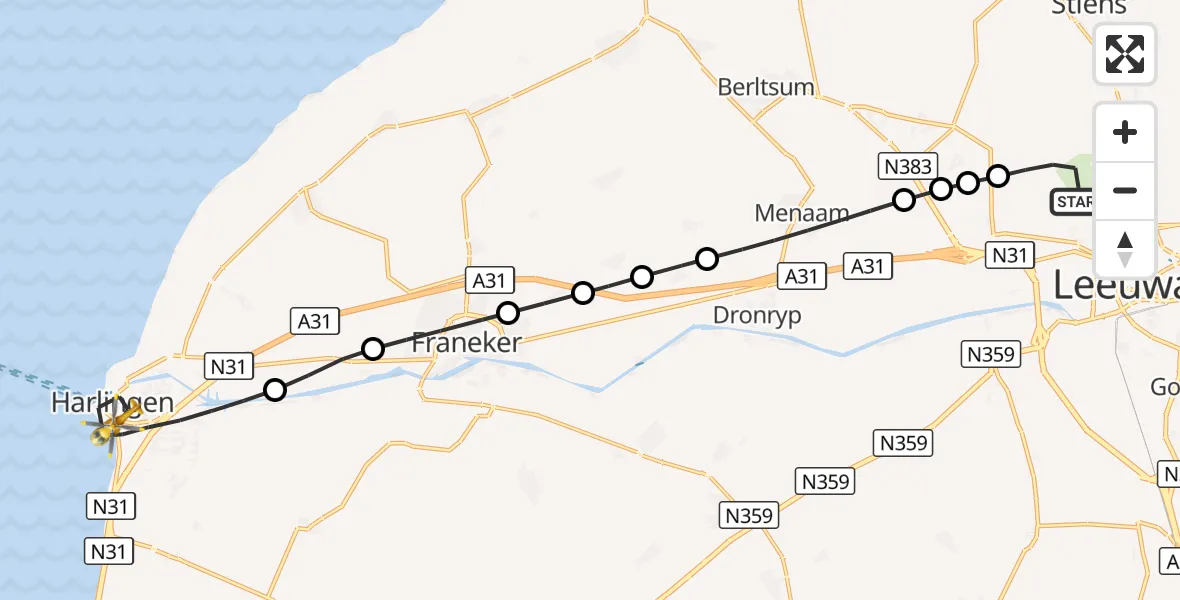 Vluchtroute Ambulancehelikopter Vliegbasis Leeuwarden - Harlingen, 29 augustus 2026, 11:01