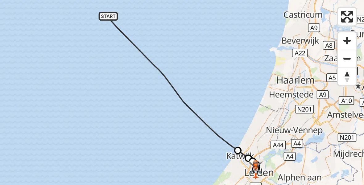 Vluchtroute Kustwachthelikopter Noordzee - Leids Universitair Medisch Centrum (LUMC), 29 augustus 2026, 11:22