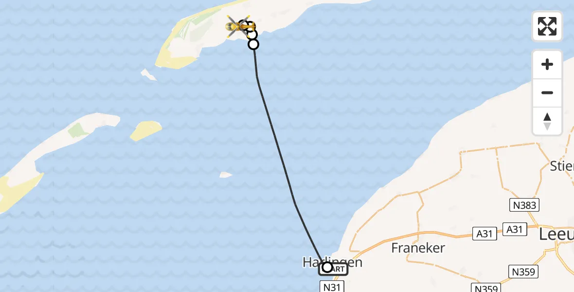 Vluchtroute Ambulancehelikopter Harlingen - Terschelling Heliport, 29 augustus 2026, 12:13