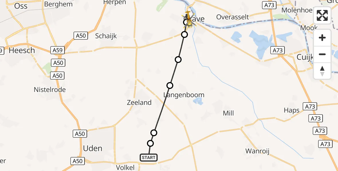 Vluchtroute Traumahelikopter Vliegbasis Volkel - Grave, 29 augustus 2026, 13:00