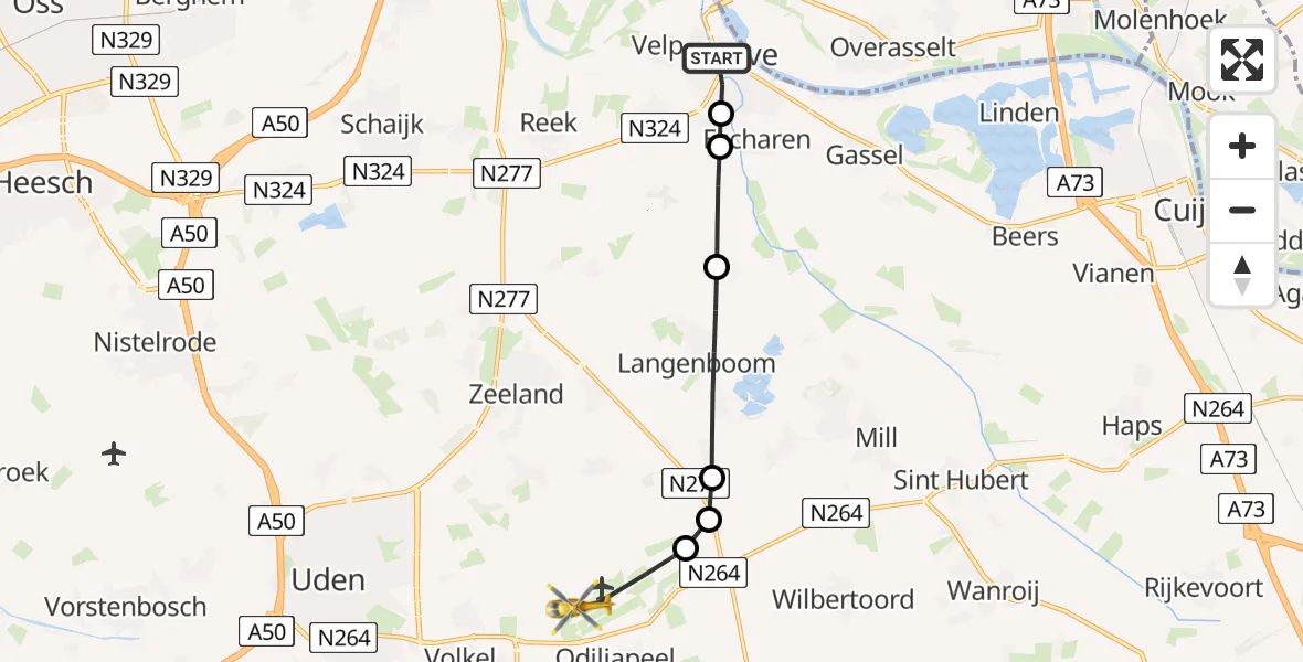 Vluchtroute Traumahelikopter Grave - Vliegbasis Volkel, 29 augustus 2026, 13:24