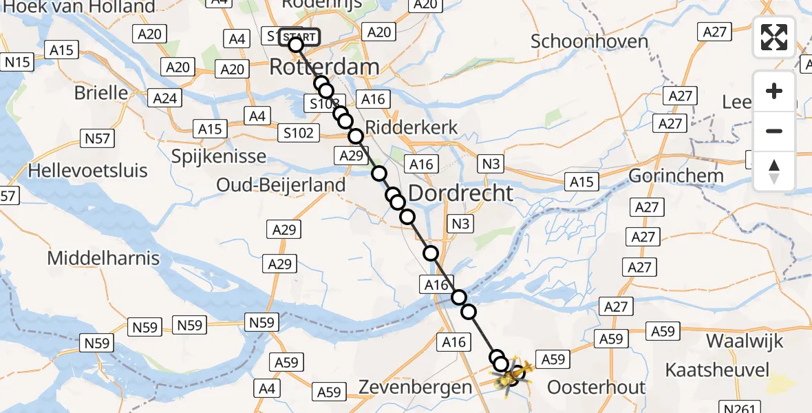 Vluchtroute Traumahelikopter Rotterdam The Hague Airport - Wagenberg, 29 augustus 2026, 13:49