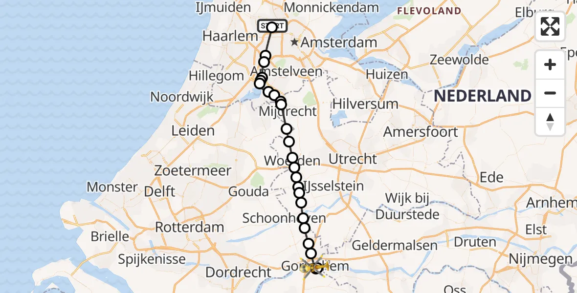 Vluchtroute Traumahelikopter Amsterdam Heliport - Gorinchem, 29 augustus 2026, 14:03