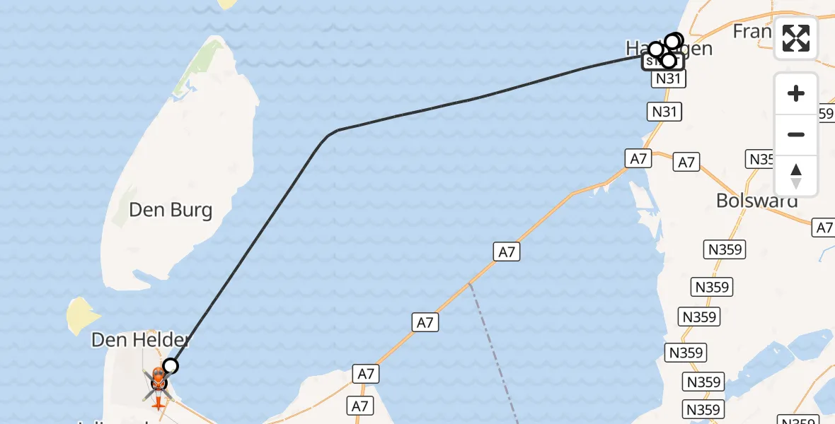 Vluchtroute Kustwachthelikopter Waddenzee - Militair vliegveld De Kooy / Den Helder Airport, 29 augustus 2026, 14:05
