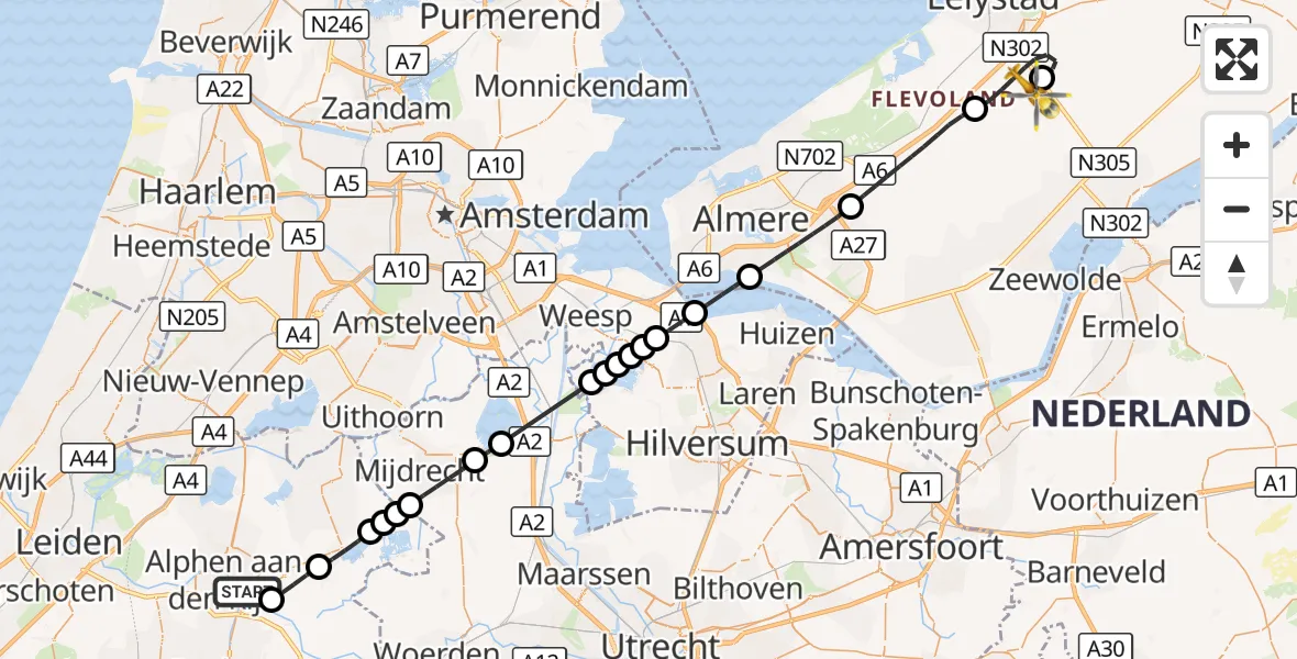 Vluchtroute Traumahelikopter Alphen aan den Rijn - Lelystad Airport, 29 augustus 2026, 14:06