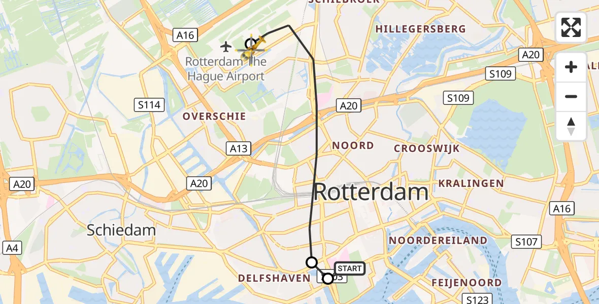 Vluchtroute Traumahelikopter Erasmus MC - Rotterdam The Hague Airport, 29 augustus 2026, 15:43