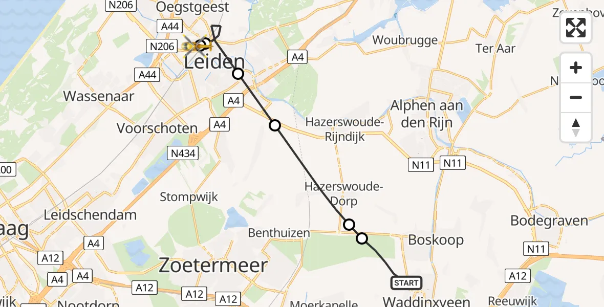 Vluchtroute Traumahelikopter Waddinxveen - Leids Universitair Medisch Centrum (LUMC), 29 augustus 2026, 15:50