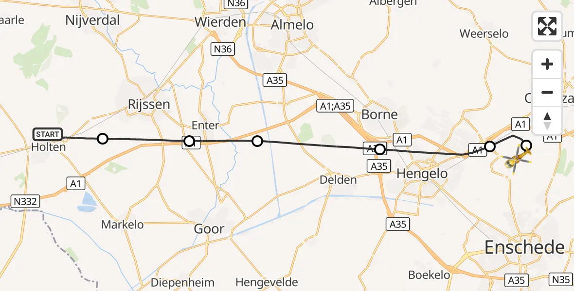 Vluchtroute Traumahelikopter Holten - Twente Airport, 29 augustus 2026, 16:31